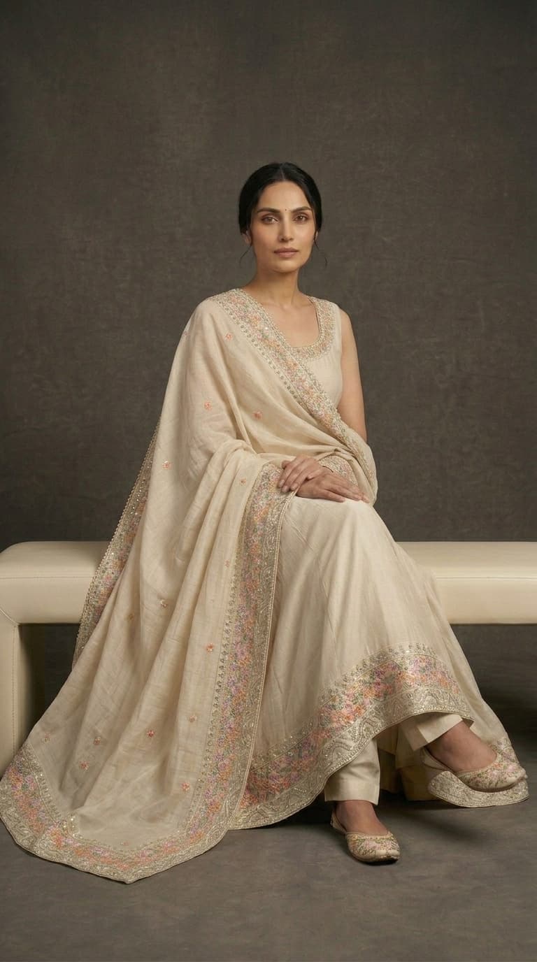 The Ethereal Blossom Ivory Anarkali Set view 1