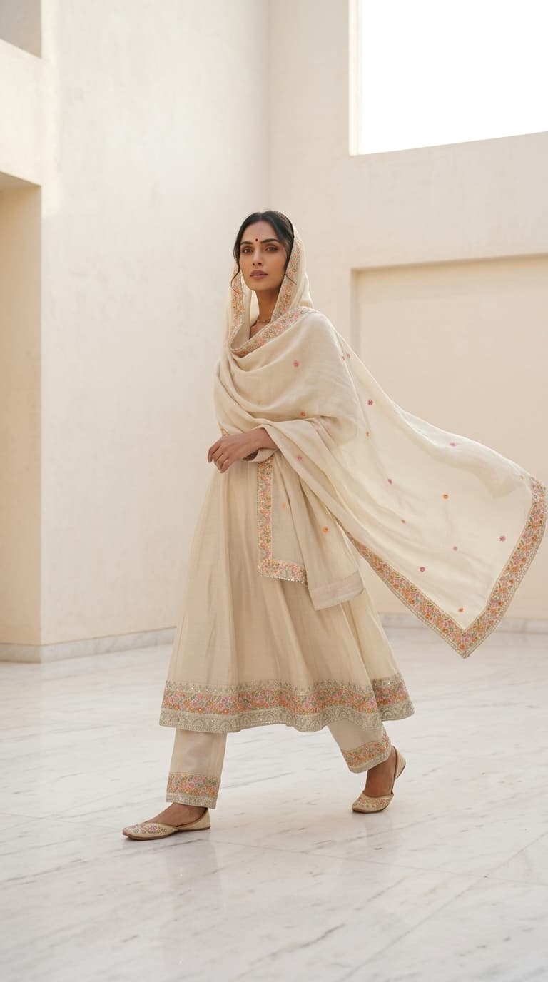The Ethereal Blossom Ivory Anarkali Set view 3
